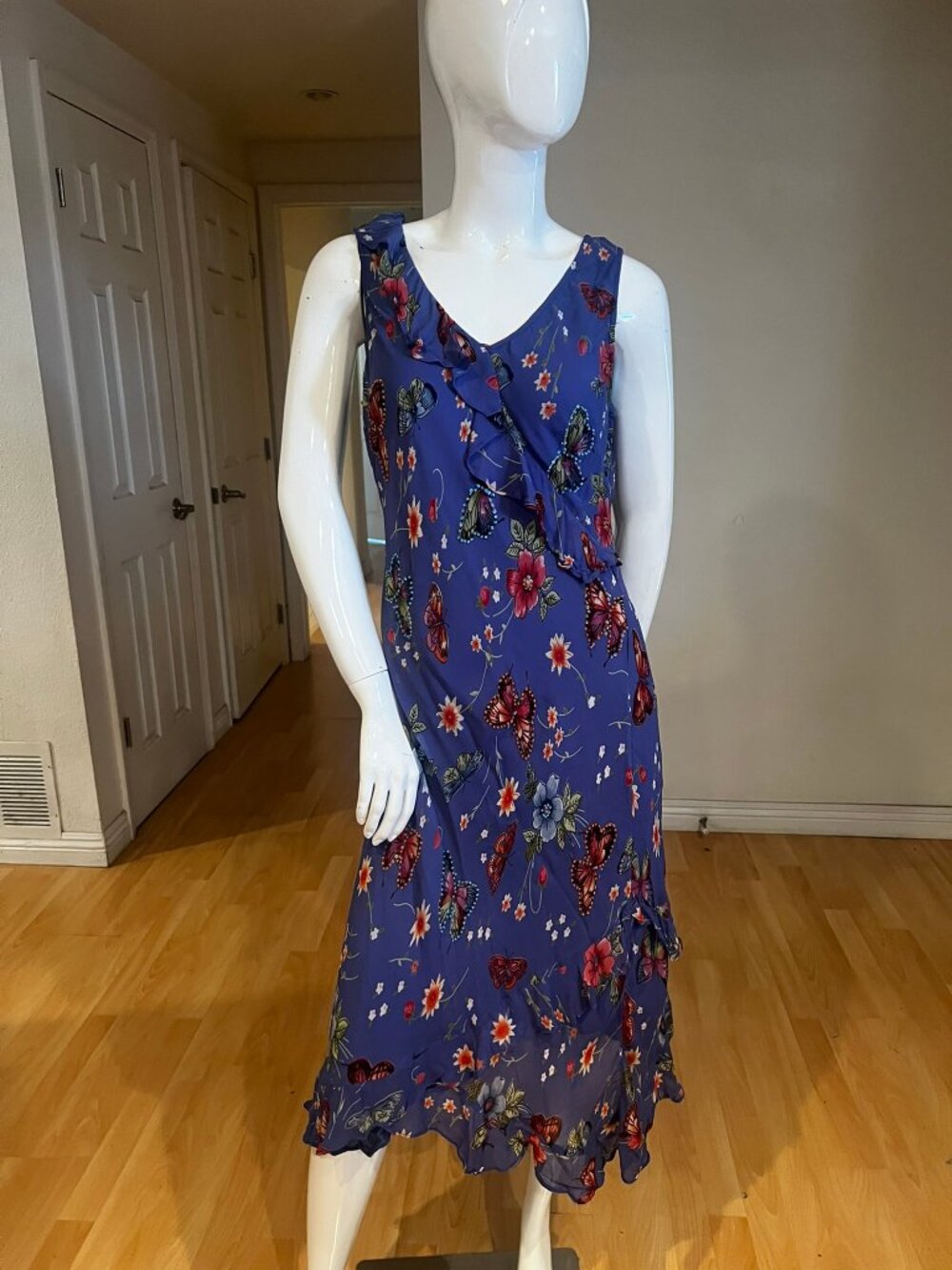 VINTAGE Y2K 90'S LOLA P. BUTTERFLY BEADED RUFFLE FAIRY BOHO GRUNGE DRESS SZ L